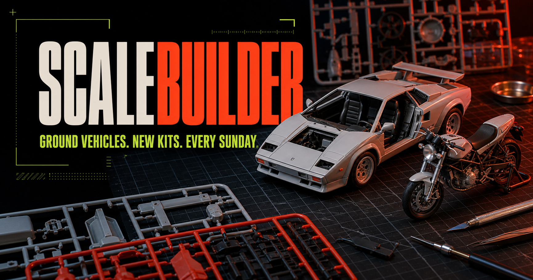 ScaleBuilder ground vehicle model kits arranged on a model-building workbench
